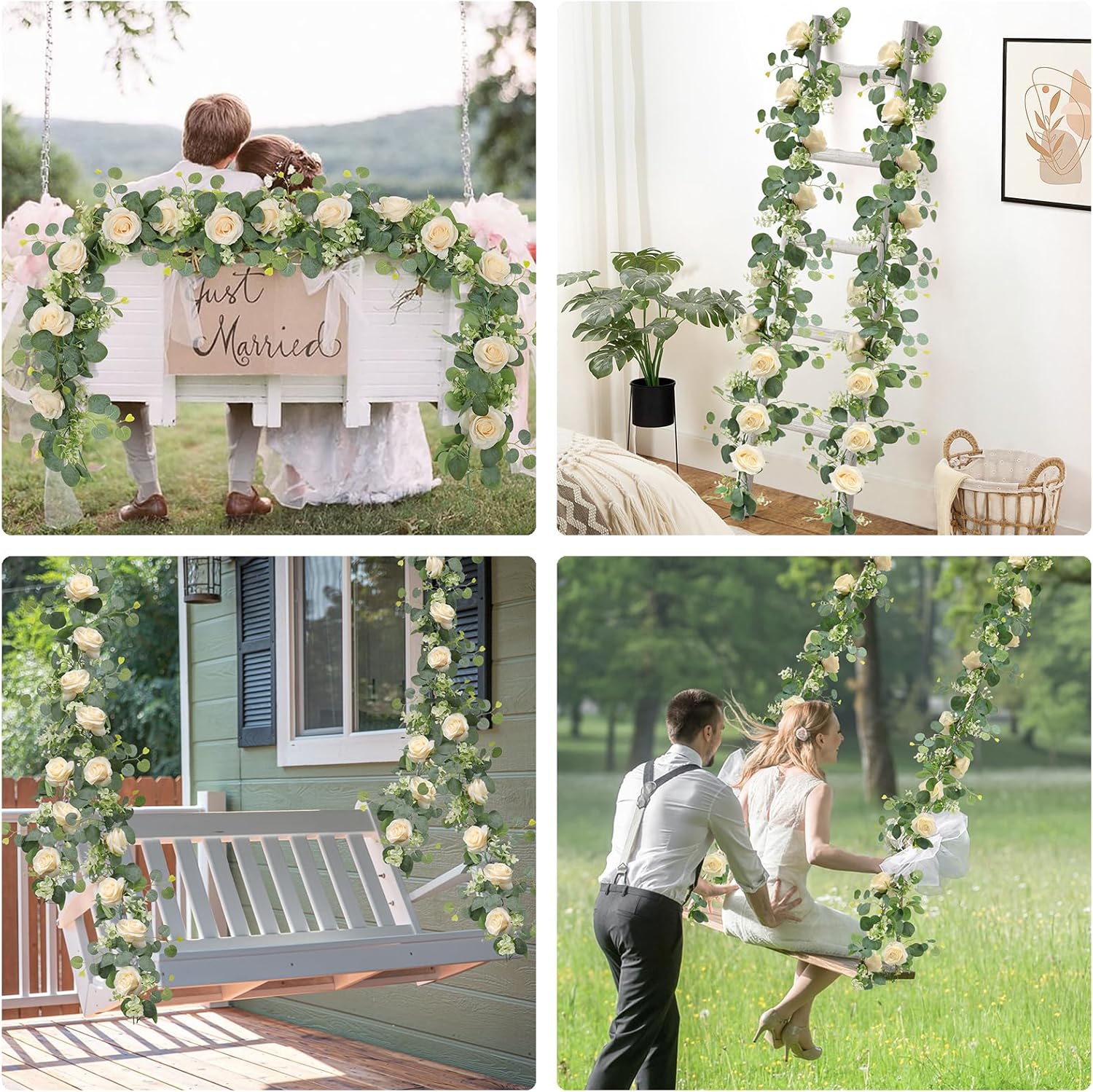 TOCHGREEN 2Pcs Artificial Eucalyptus Flower Garland with Champagne Rose and Gypsophila