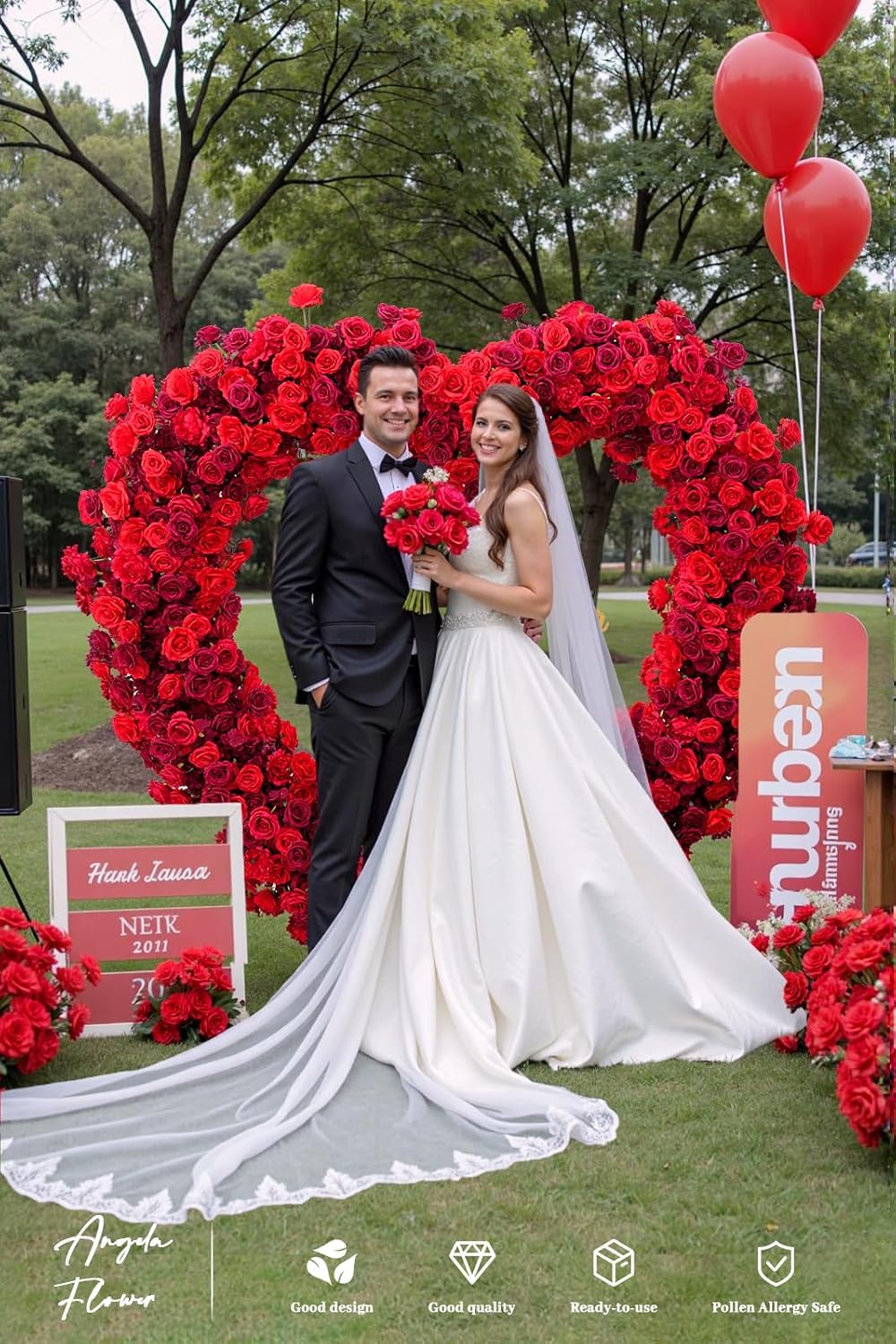 Dark Red Artificial Flower Heart Shape Wedding Arch Backdrop