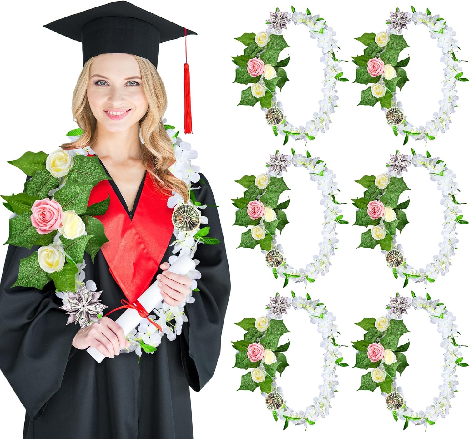 6 Pcs Hawaiian Graduation Lei with Roses