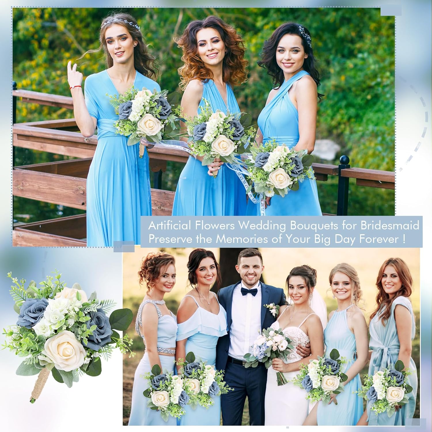 SEMONONIA 6 Piece Bridesmaid Bouquets Set - 7 Inch Artificial Flowers