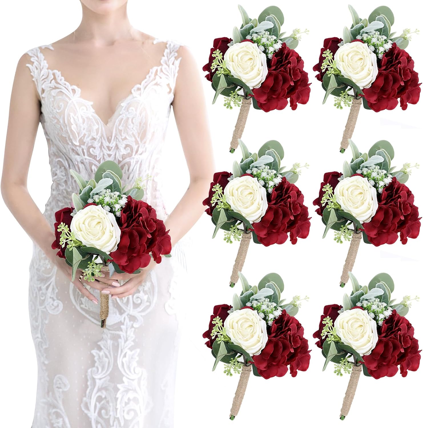 Artificial Flowers Bridesmaids Bouquets Set of 6