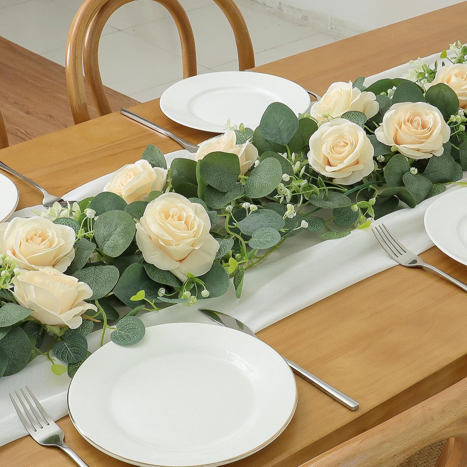 TOCHGREEN 2Pcs Artificial Eucalyptus Flower Garland with Champagne Rose and Gypsophila