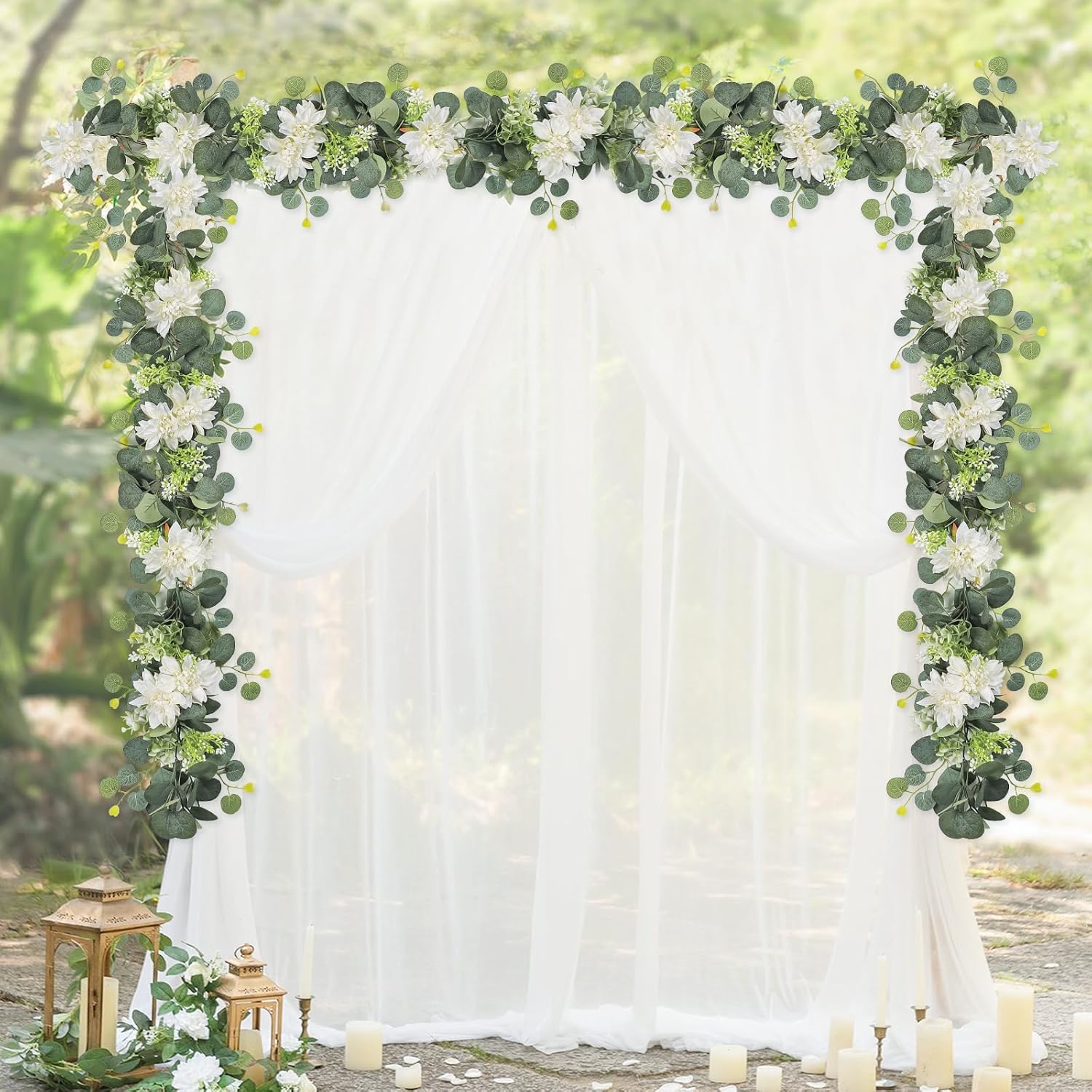 Dremisland Artificial Flowers Garland 2 Pack 12ft Eucalyptus with White Dahlias and Berries