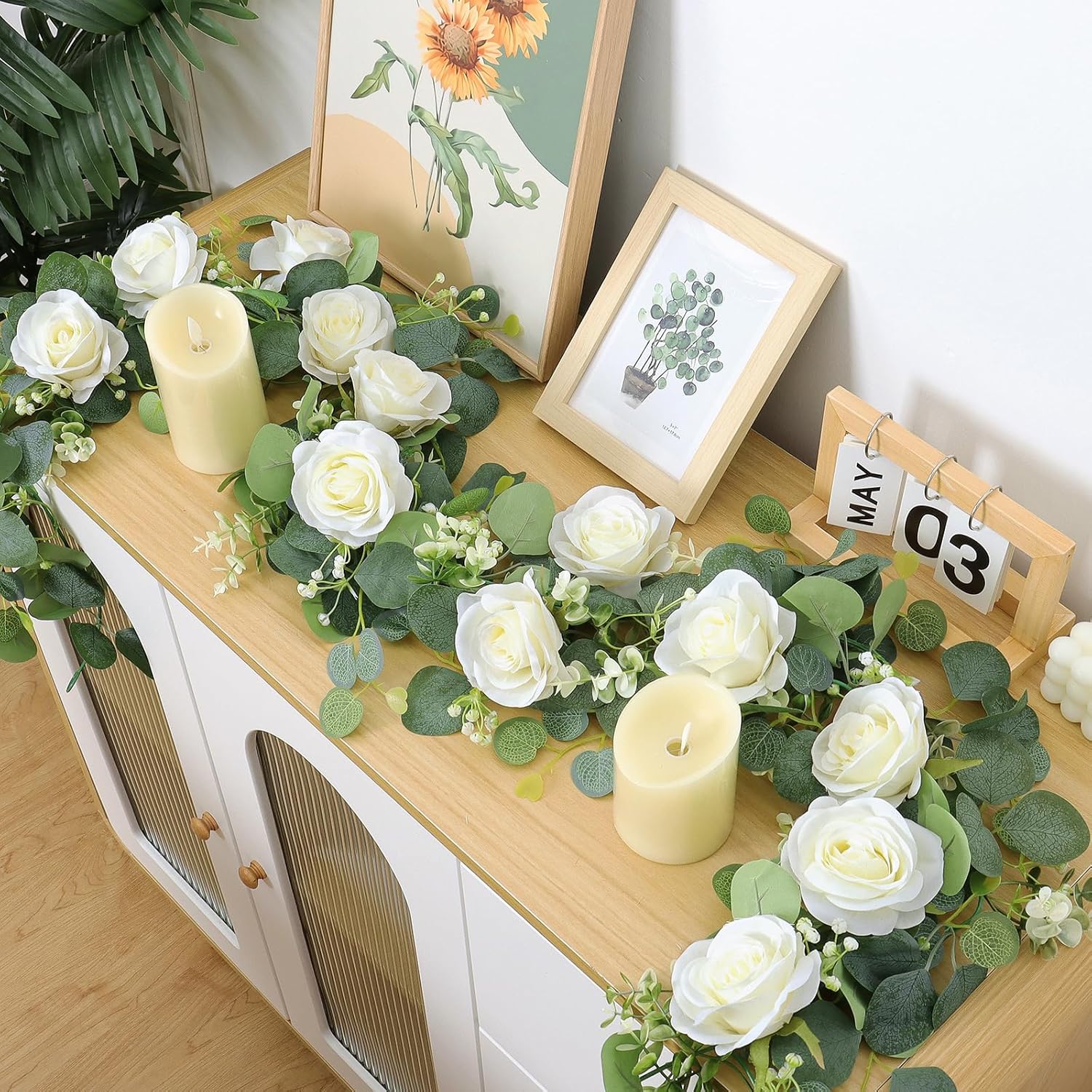 TOCHGREEN 2Pcs Artificial Eucalyptus Garland with White Roses and Gypsophila