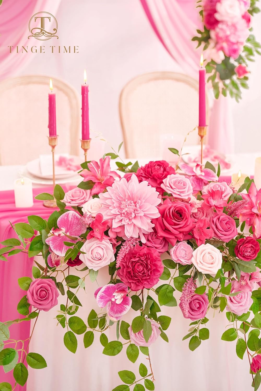 TINGE TIME Artificial Sweetheart Flower Swag Set with Tablecloth and Runner Hot Pink