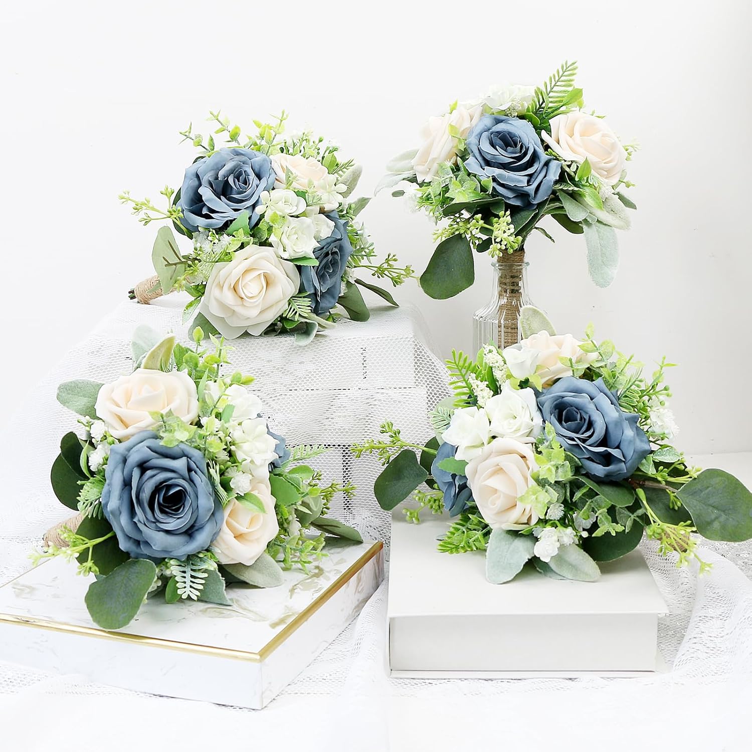 SEMONONIA 6 Piece Bridesmaid Bouquets Set - 7 Inch Artificial Flowers