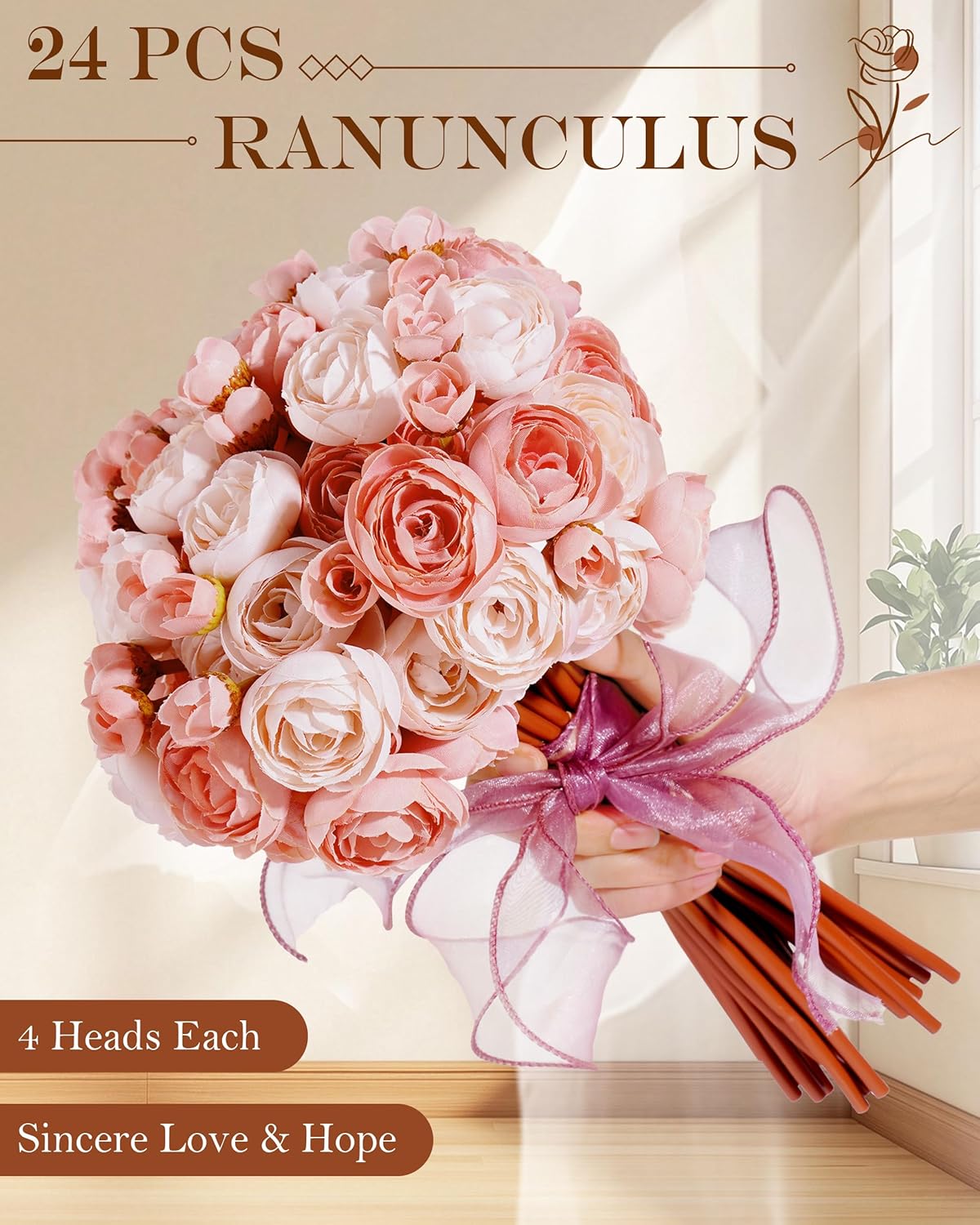24Pcs Faux Ranunculus Flowers with 4 Blooms per Stem