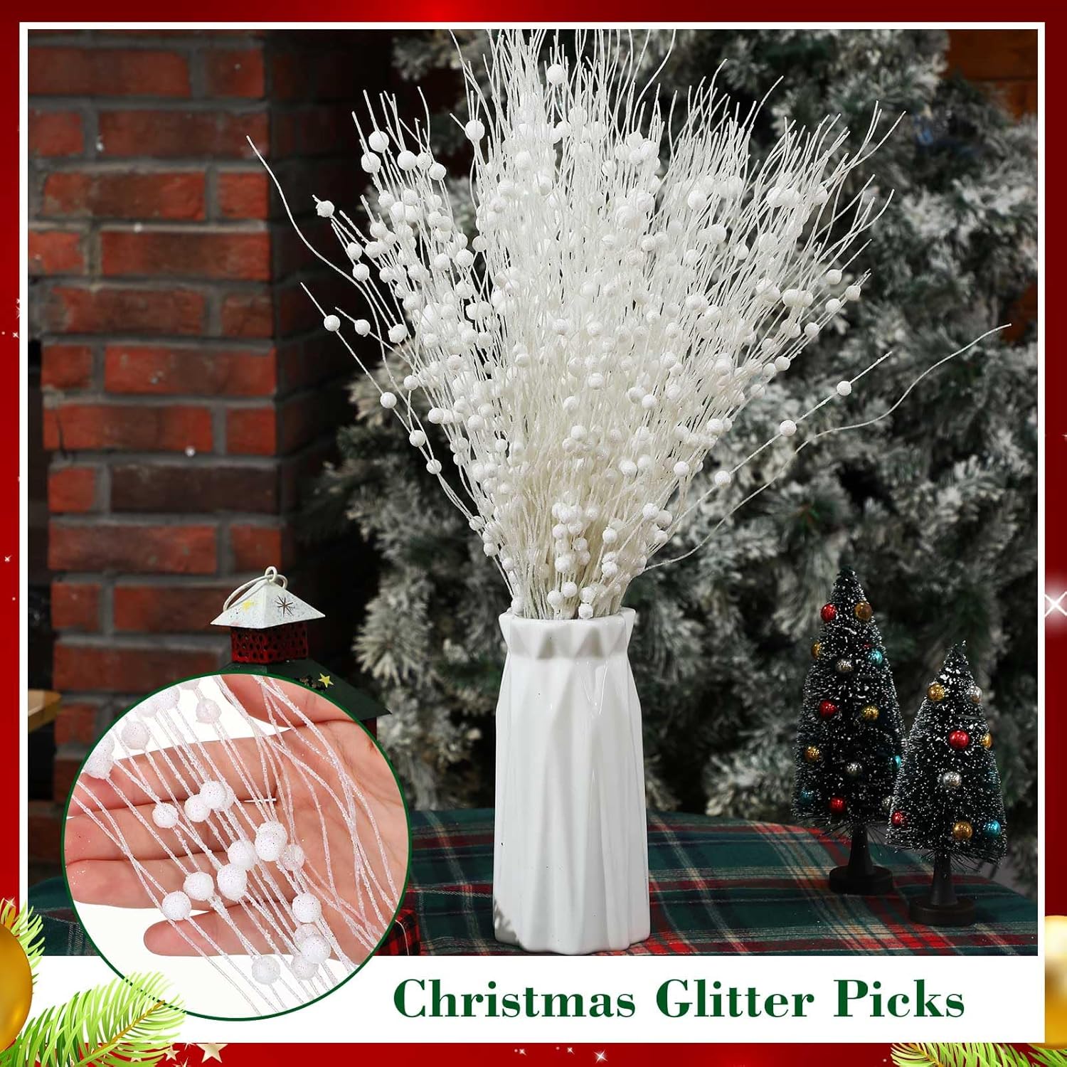 Libima 36 Pcs Glitter Berry Stem Ornaments White