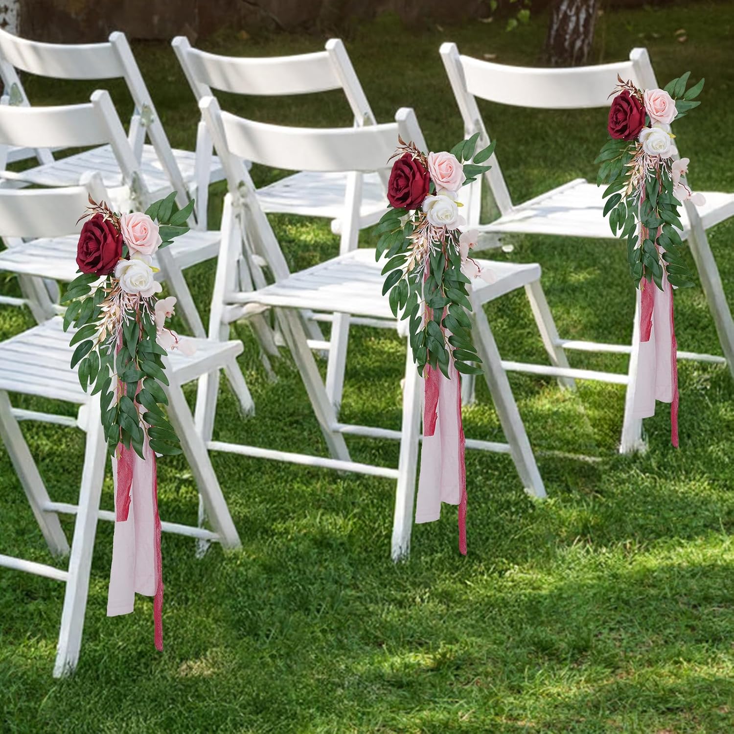 6PCS Wedding Artificial Aisle Chair Flowers Decor with Chiffon Ribbons