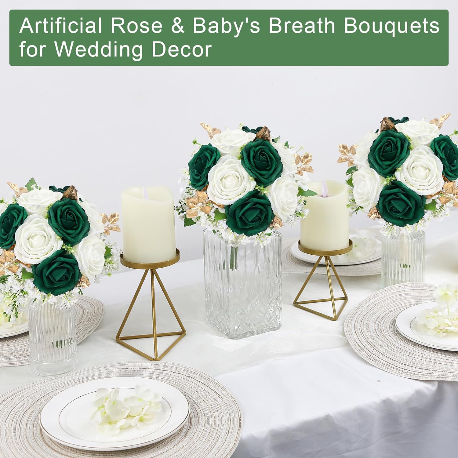 Wedding Bridesmaid Bouquet Set of 4 Artificial Flowers Emerald White Gold