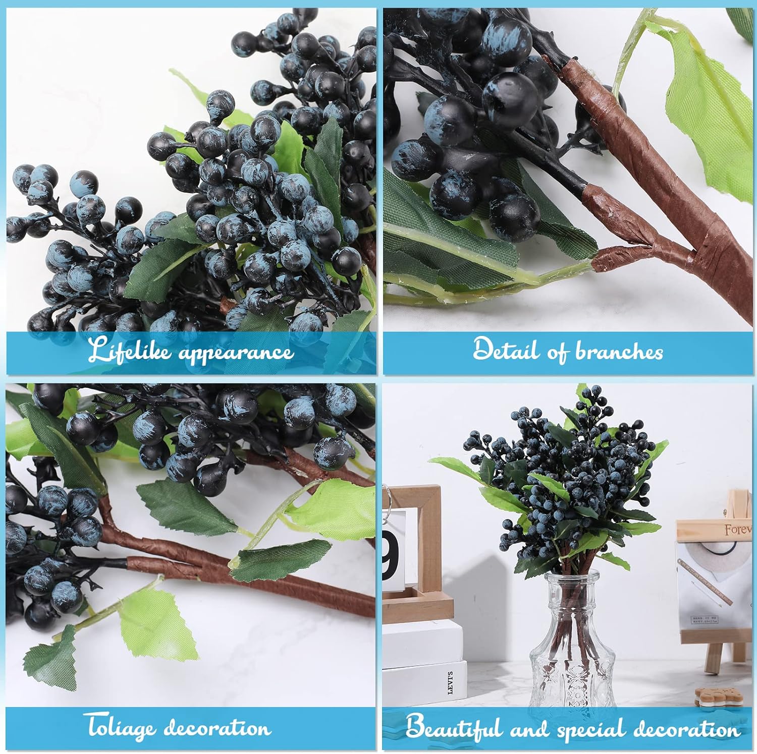 Yunsailing 30 Pcs Artificial Blueberry Stems Set