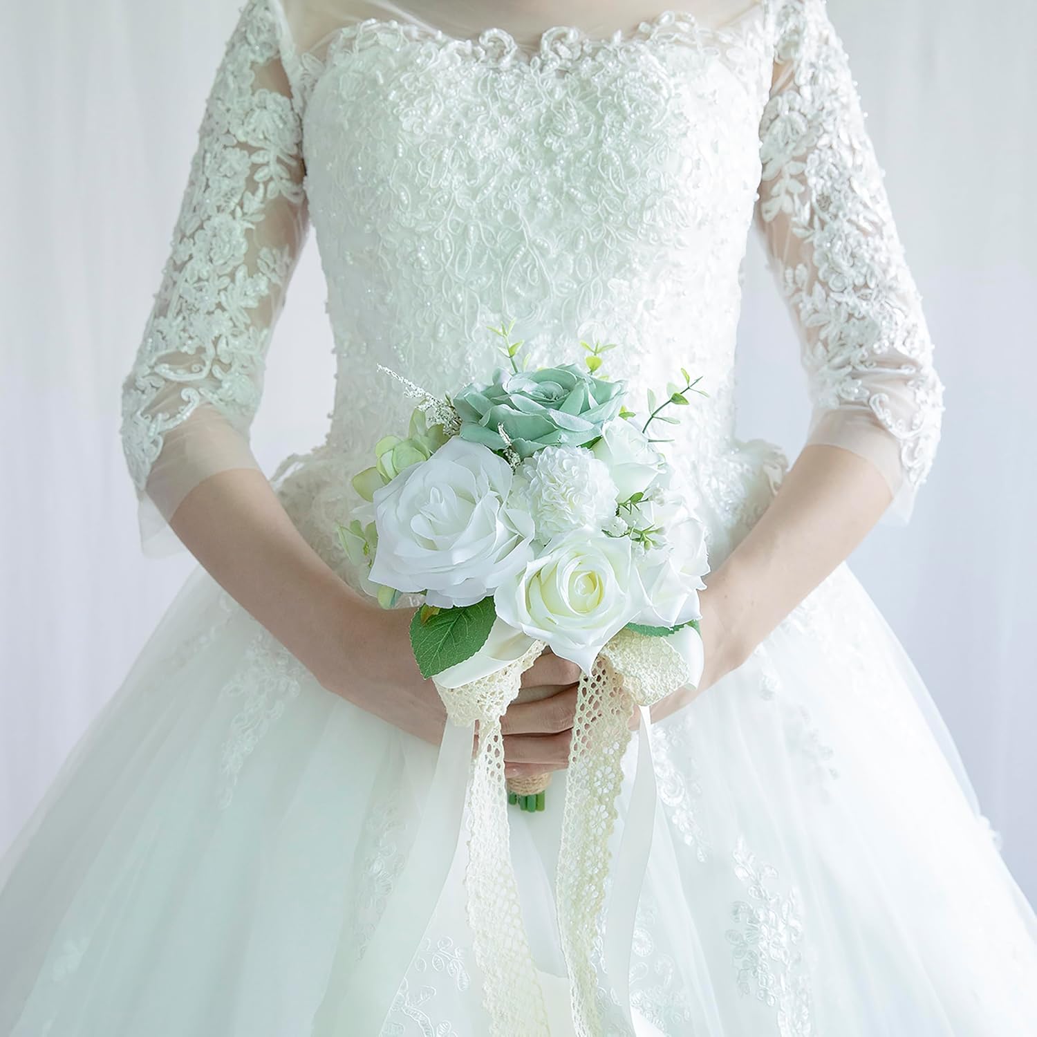 Elegant Artificial Wedding Bouquet with Silk Roses and Baby Breath