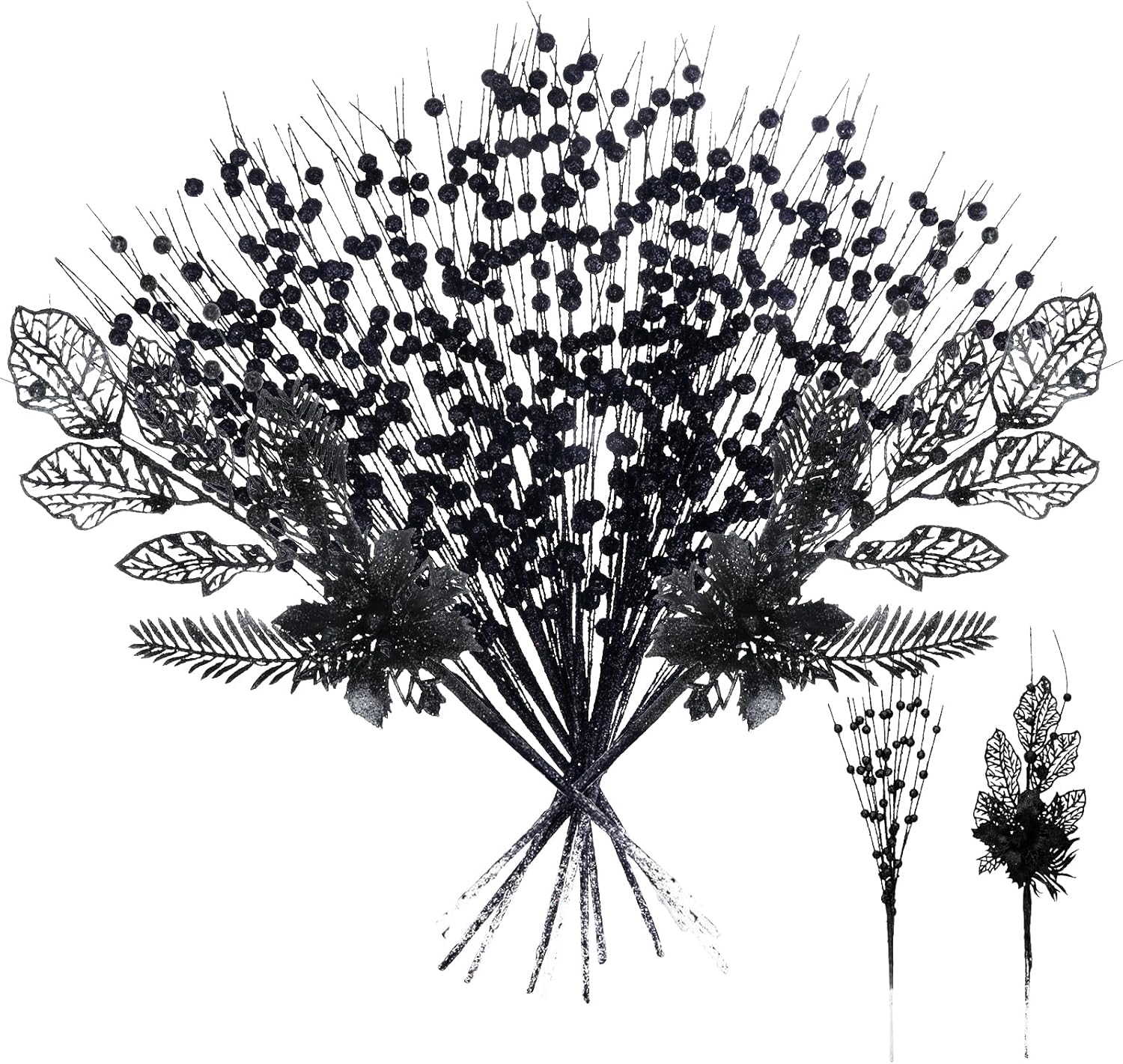 12 Pack Artificial Glitter Christmas Tree Picks Black with Berry Stems and Flowers