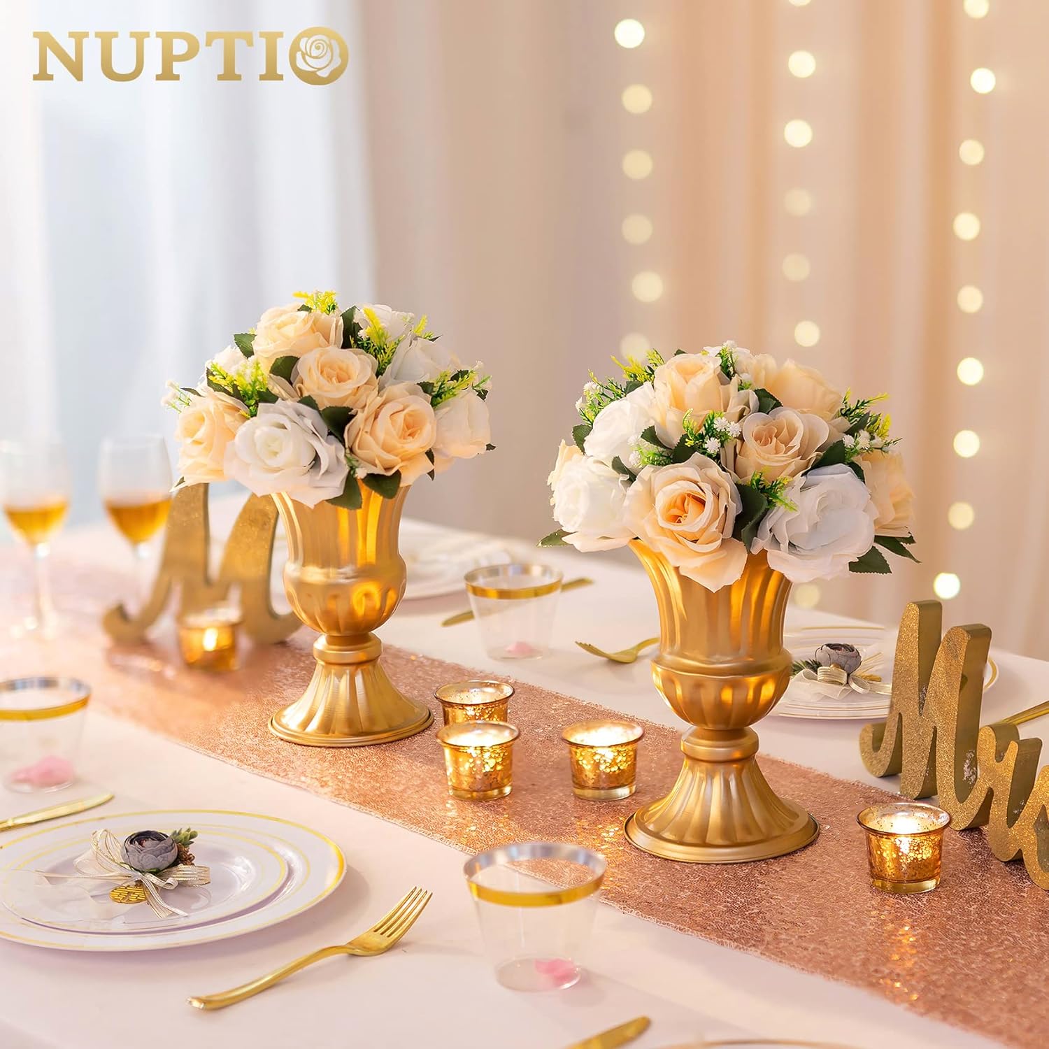 NUPTIO 6 Piece Champagne White Fake Flower Arrangement Bouquet with Base