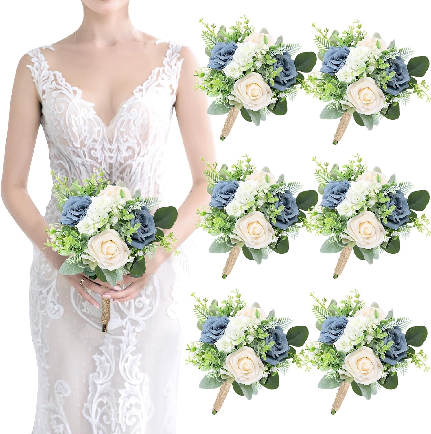 SEMONONIA 6 Piece Bridesmaid Bouquets Set - 7 Inch Artificial Flowers