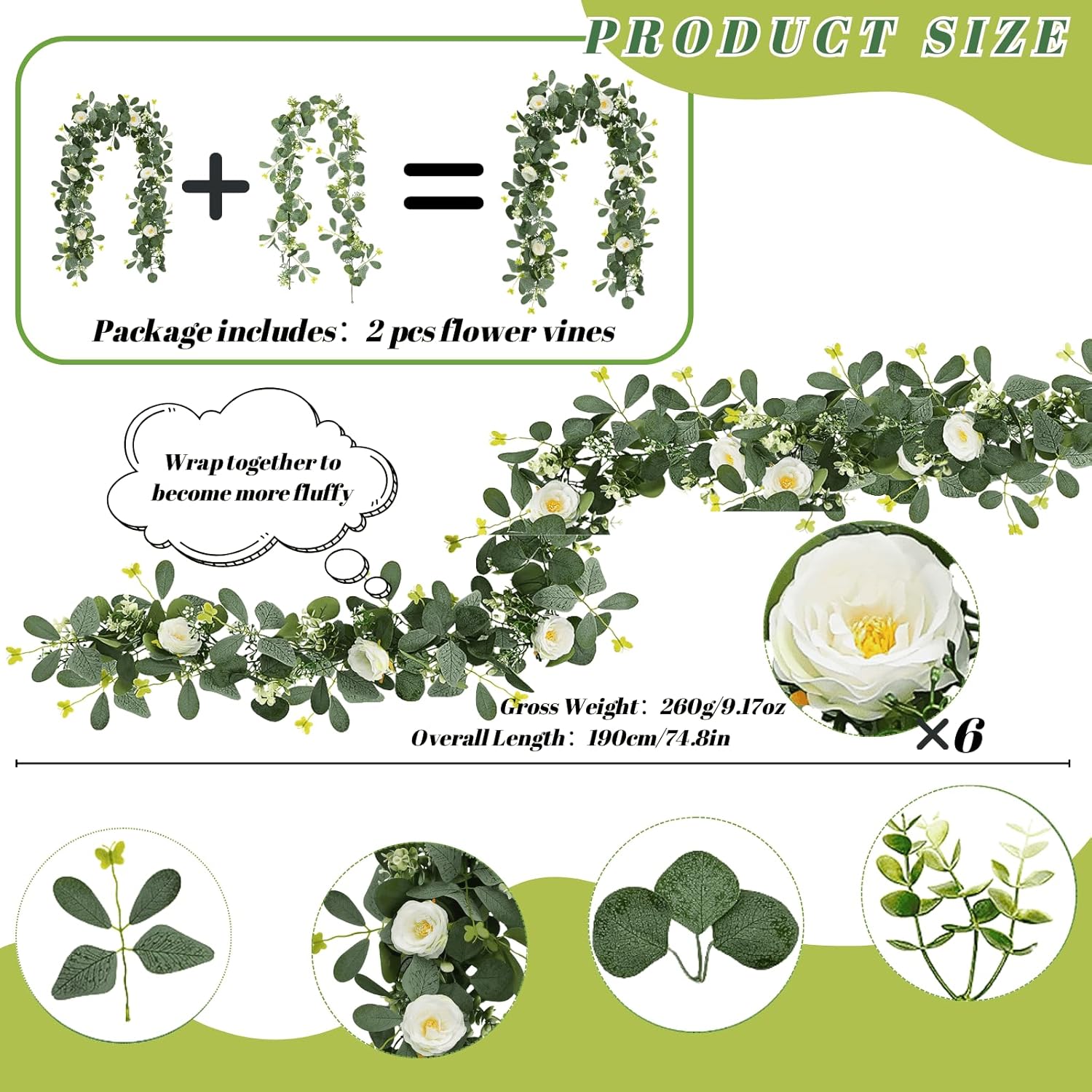 ASTRYAS 2 Pack Artificial Eucalyptus Garland with Flowers