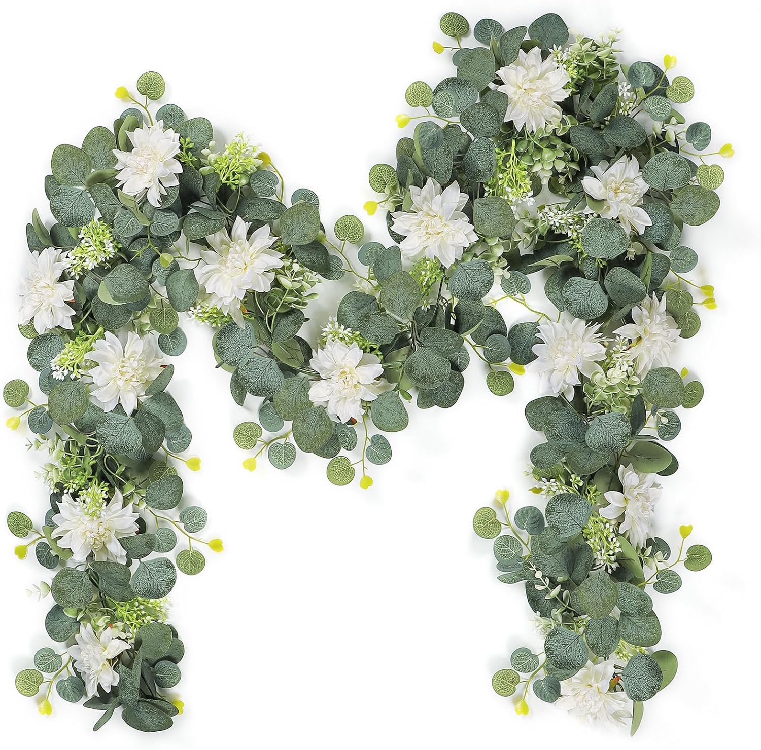 Dremisland Artificial Flowers Garland 2 Pack 12ft Eucalyptus with White Dahlias and Berries