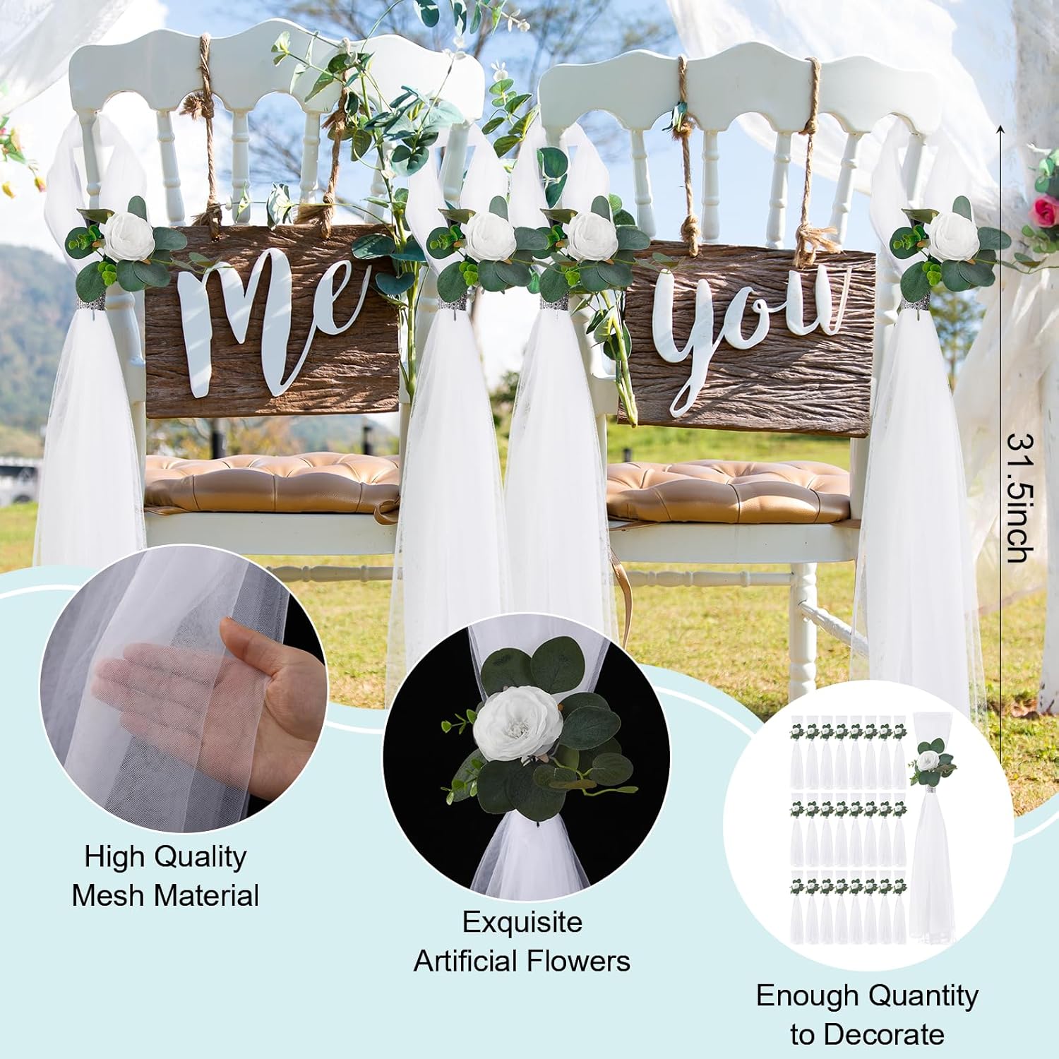 24 Piece Wedding Hydrangea Gardenia Chair Decor with Tulle Tails