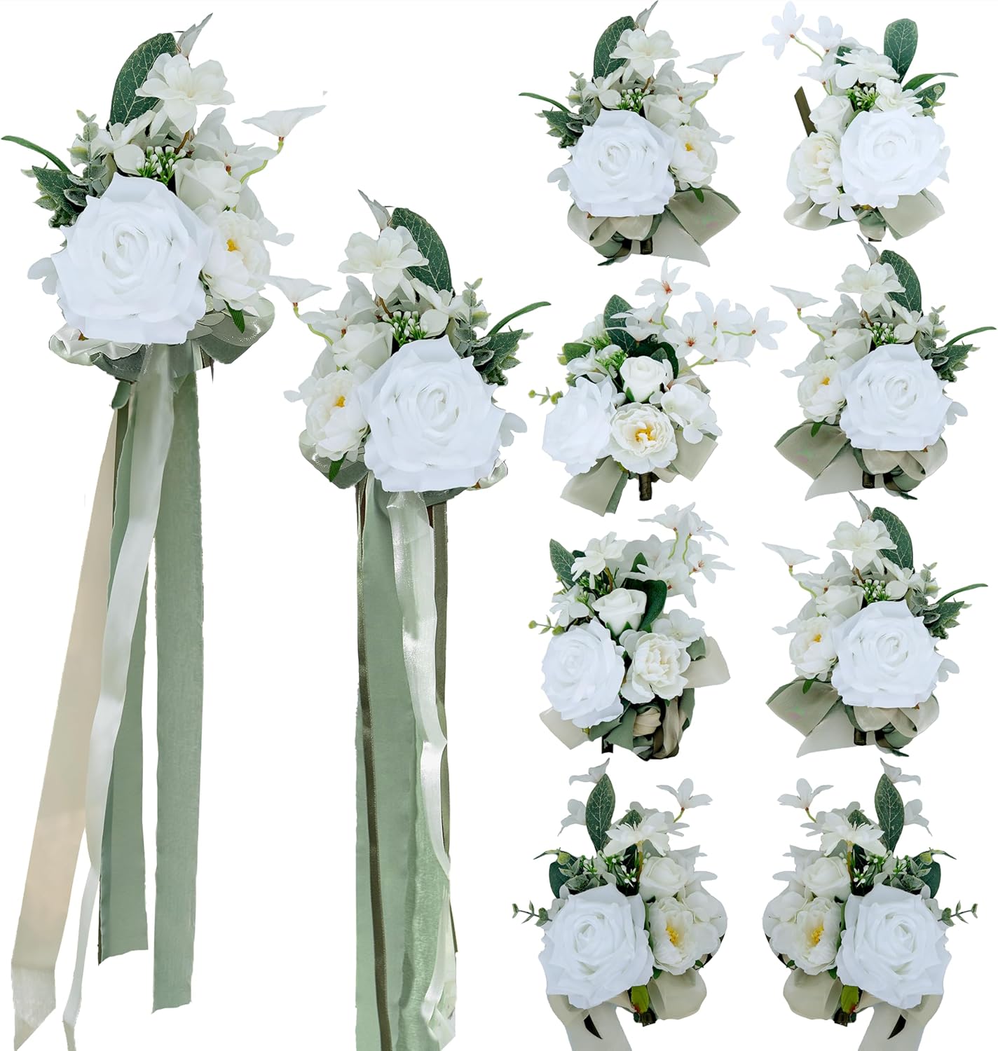 BENCENTRE White and Sage Wedding Aisle Decorations Set of 10
