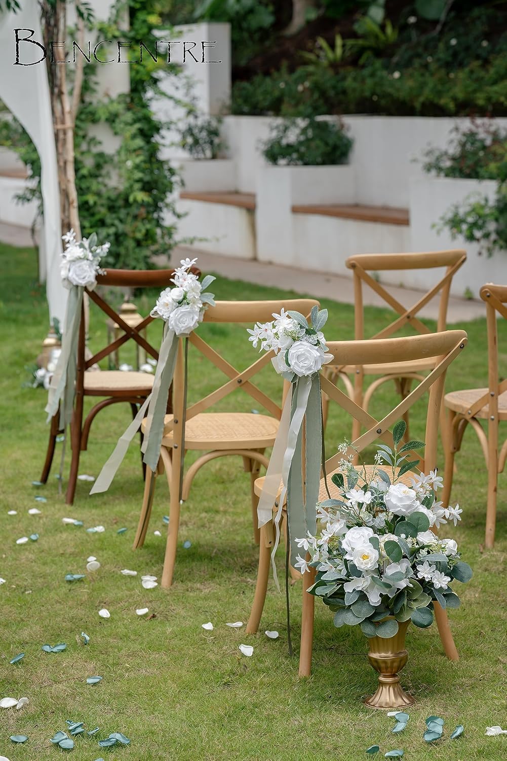 BENCENTRE White and Sage Wedding Aisle Decorations Set of 10