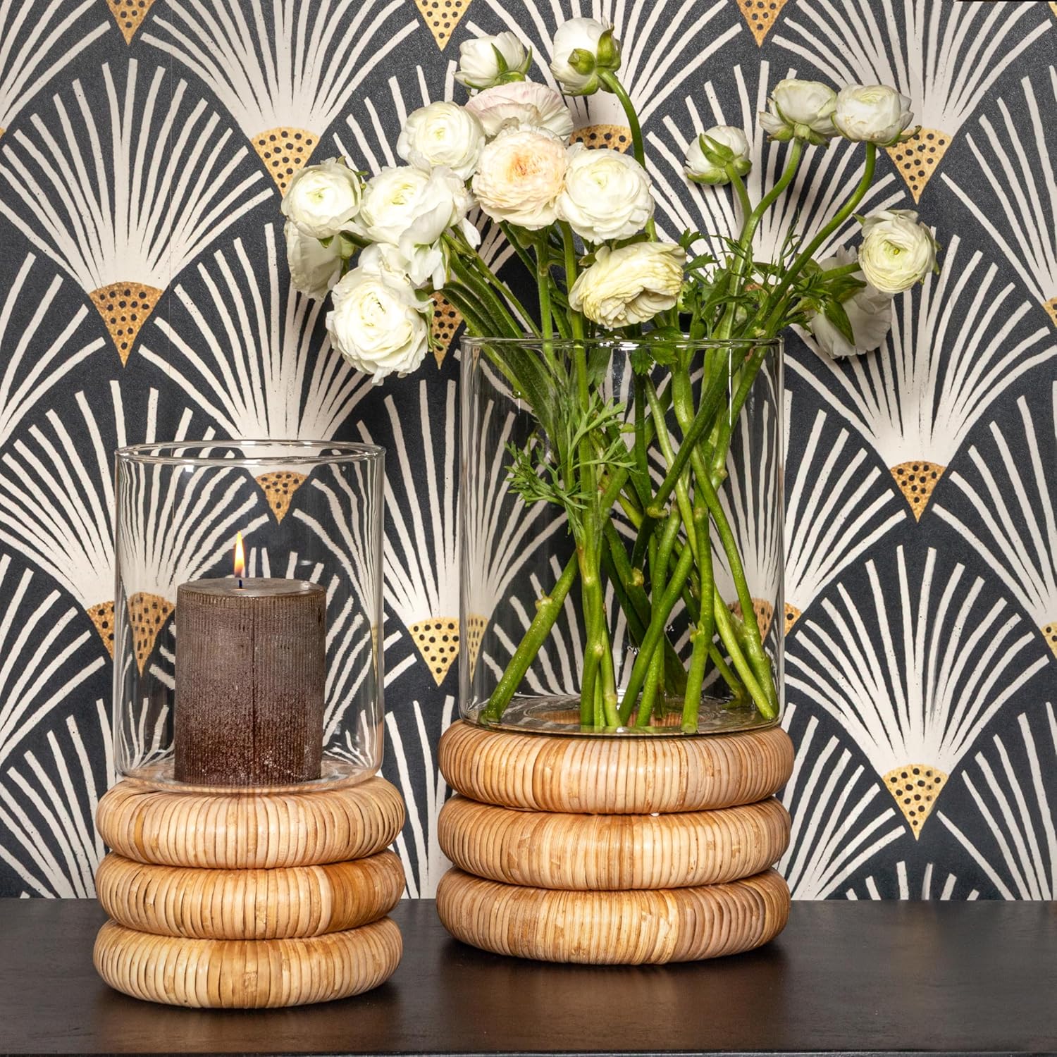 Creative Co Op Glass Hurricane Vase with Woven Rattan Base Small